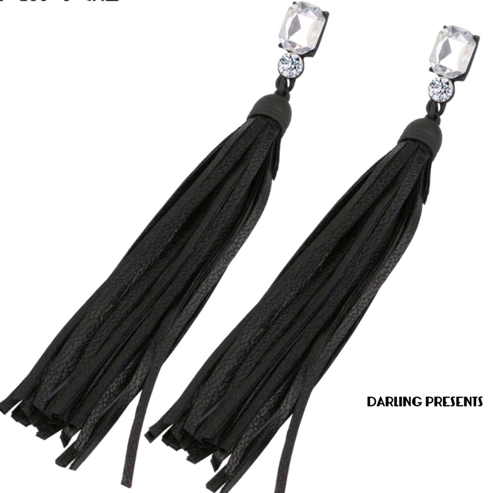 Leather Crystal Tassel Earrings Women Color Black Size 4.5 Ins Long